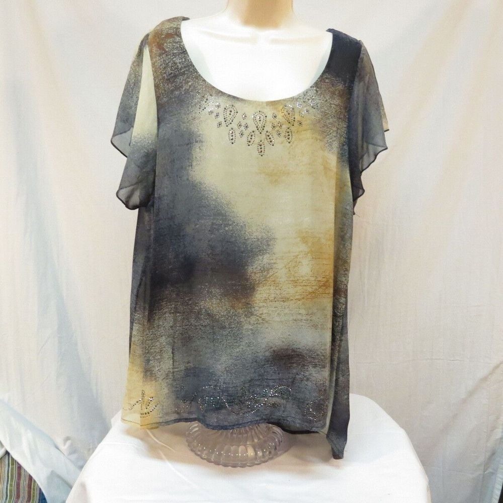 Energe Embellished Blouse Flowy Sheer Tunic Top Rhinestones Hi Low Size XL